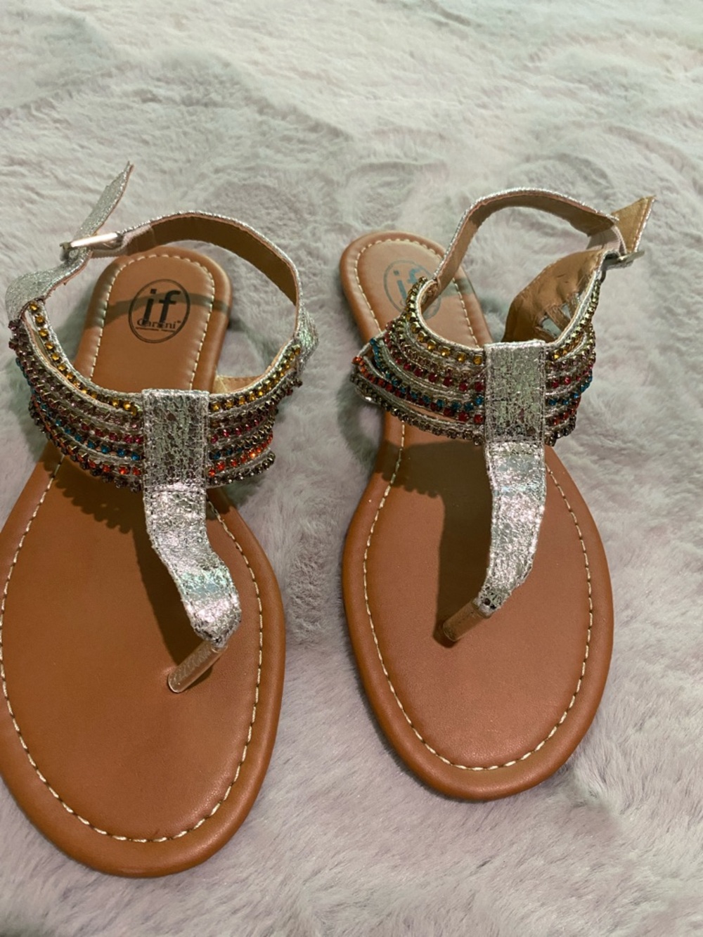 IF Design Silver Jeweled T-Strap Sandals for Women